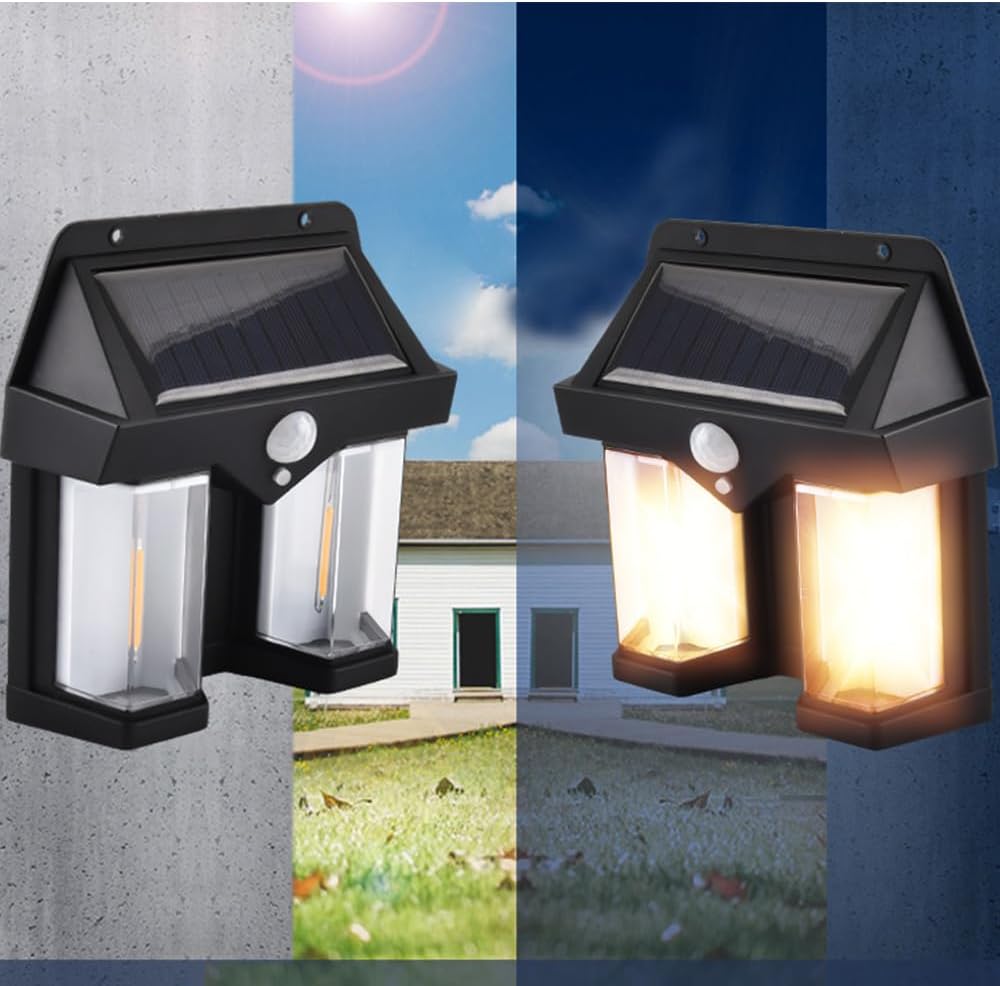 Outside Solar Induction Wall lamp Warm Light Dual Core， Wireless Dusk to Dawn Motion Sensor LED Sconce Lights IP65 Waterproof.