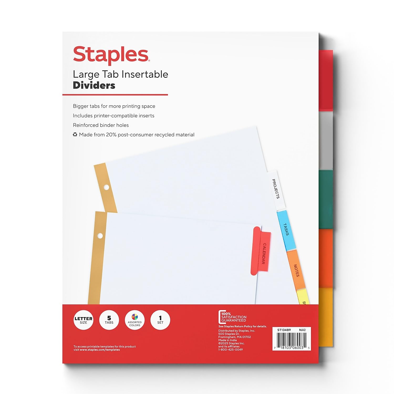 Staples 462770 Big Tab Paper Dividers 5-Tab Multicolor (13489/11121)