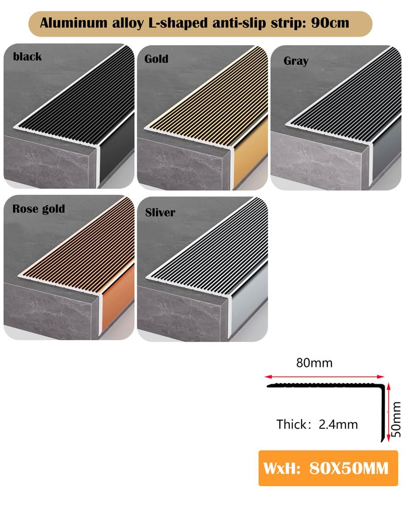 Cantonera de escalera, paquete 5, aluminio, forma L, 90 cm, 8 x, antideslizante, for interior y exterior(Gold)