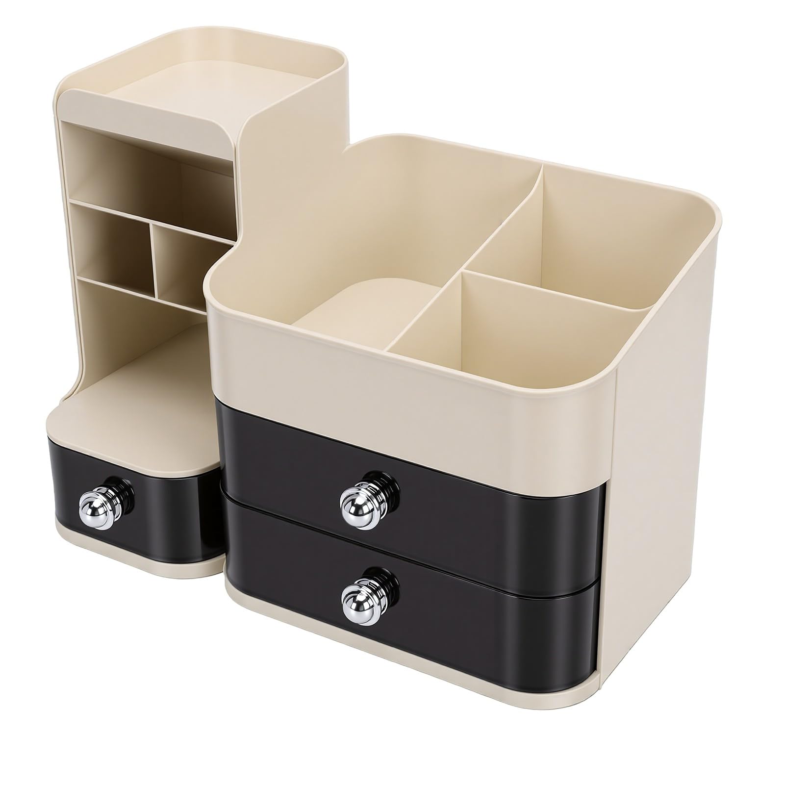 Duokon Porta Trucchi da Tavolo con Porta Pennelli e 3 Cassetti per vanità Bagno Ufficio Storage (bianco panna)