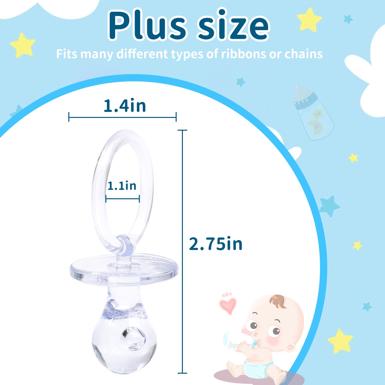 Smoczki do zabawy na baby shower, 36 szt. plastikowych smoczków do dekoracji baby shower, duży rozmiar, smoczki na baby shower, ujawnienie płci, rekwizyty do gier na baby shower, przezroczyste, 7 cm