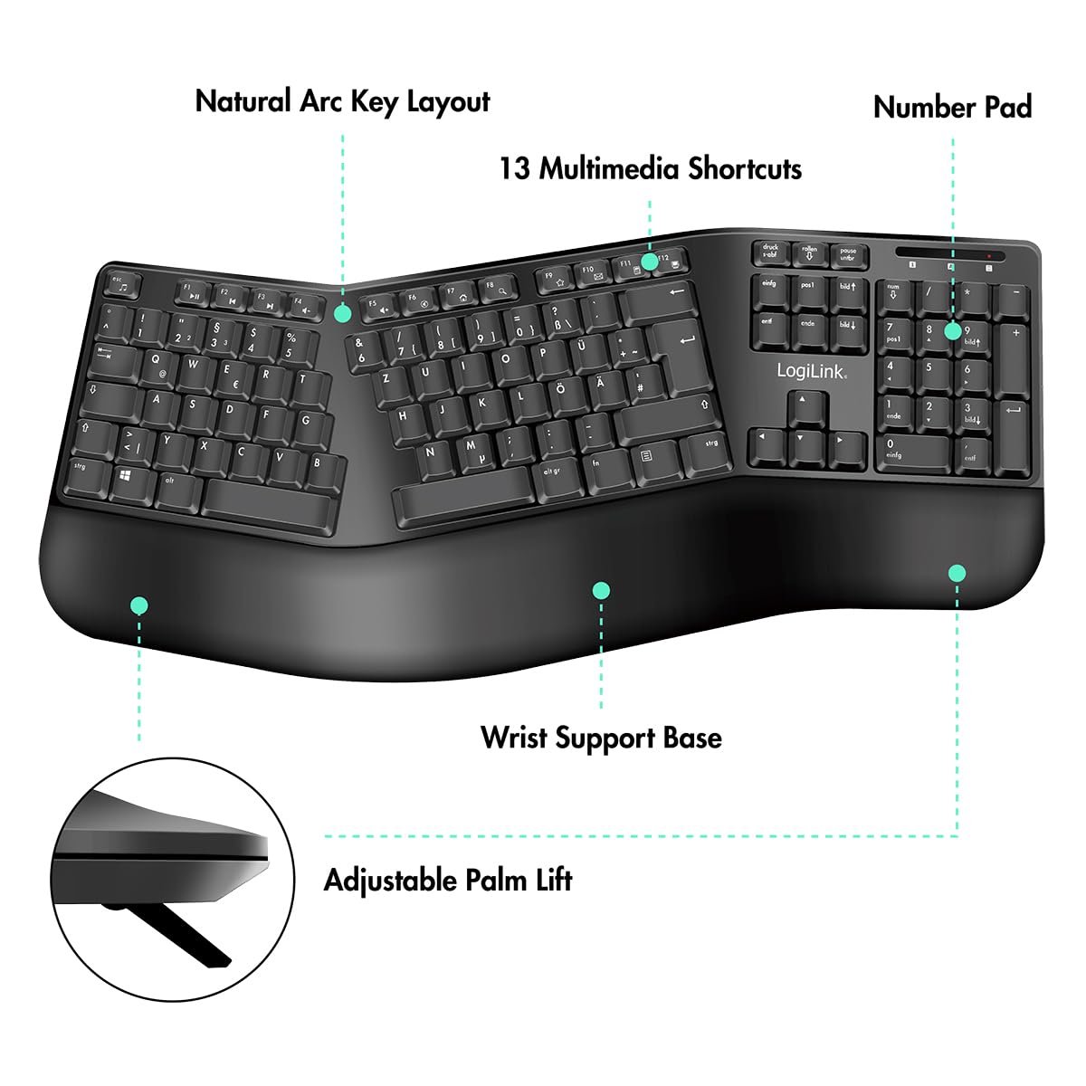 Logilink Juego de ratón ergonómico con Teclado Dividido (con 13 Teclas Multimedia)