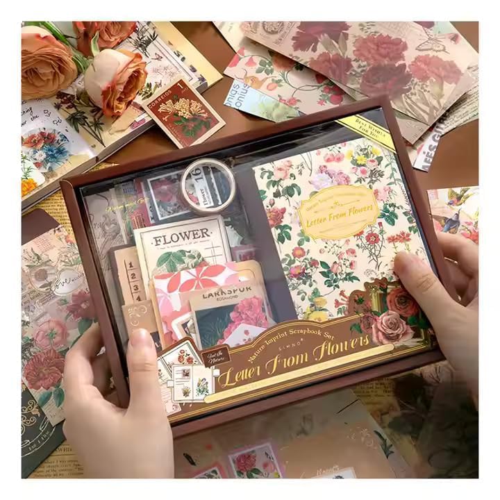 GDNK Scrapbooking Supplies Scrapebook Kit Vintage Food Diary Aesthetic Scrapbook Kit for Junk Journal Stationery Bullet A6 Grid Notebook DIY Scrapbook Birthday Gift scrapbooking kit Photo Album (Brown Flower)