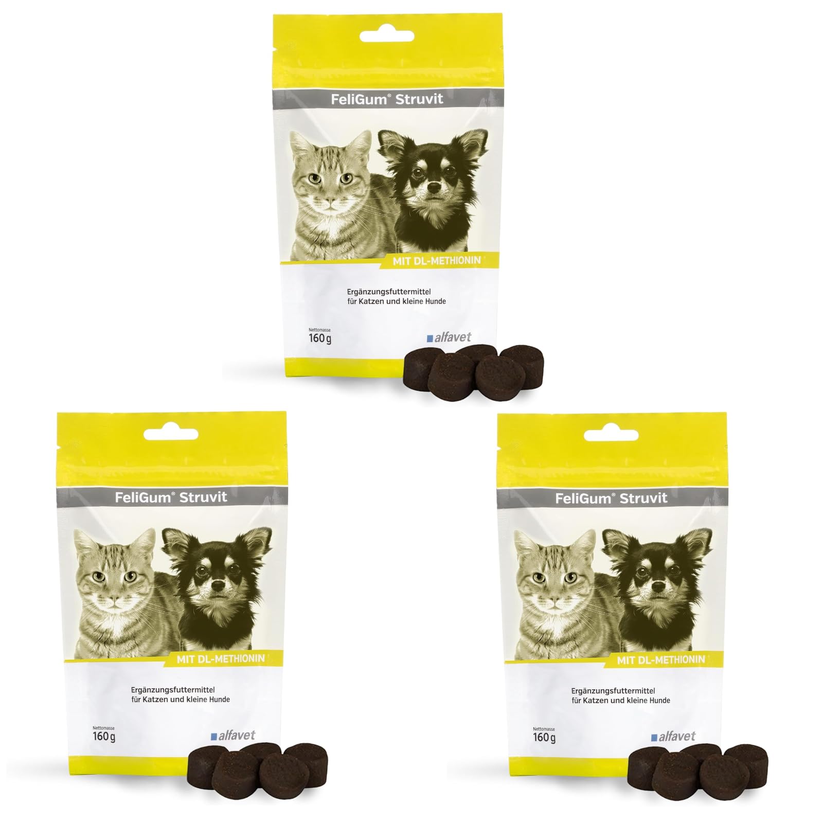 Alfavet FeliGum Struvit | Confezione da 3 | 3 x 160 g | Mangime complementare per gatti e cani di piccola taglia | Per mantenere un pH sano nelle urine | Contiene DL-metionina