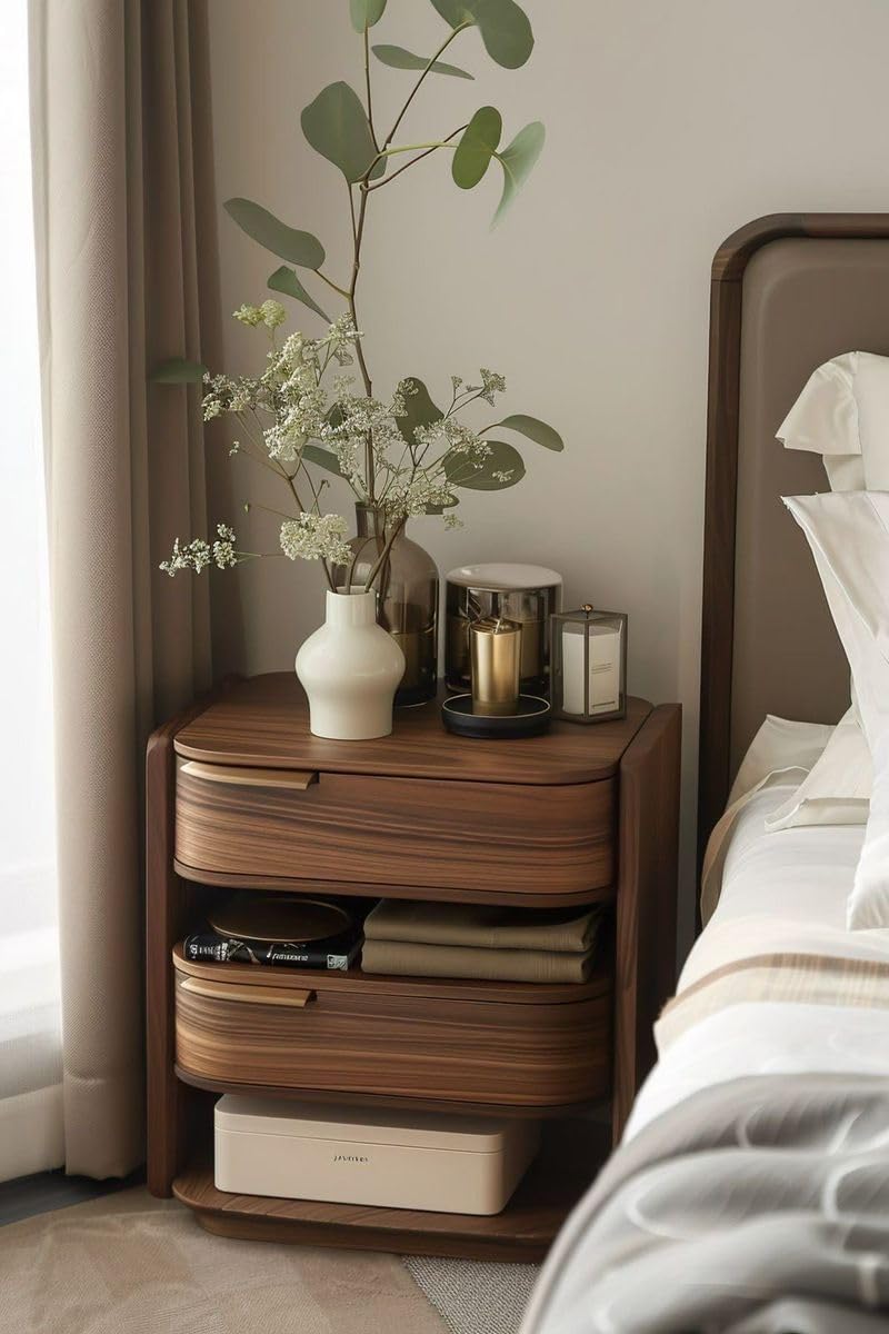 Natural Mango Wood Bedside Table with 2 Drawers and 1 Shelf Wooden Nightstand with Storage Modern Bedroom Side Table On Four Legs-image-31