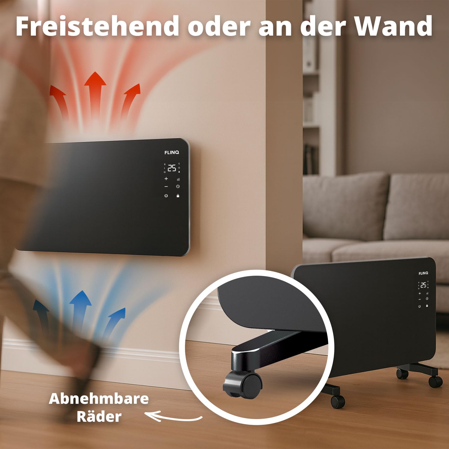 FlinQ Smart Konvektor Heizung 2000W - 96 x 46 x 13 cm - Schwarz | Glaskonvektor Mit App Steuerbar - Beheizt bis zu 60m3 - Mobile Heizung Elektrisch