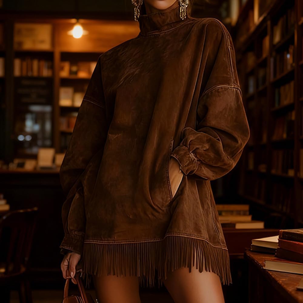 Mini Abito Vintage in Pelle Scamosciata Larga da Donna, Abiti a Maniche Lunghe con Scollo a Lupetto e Nappa, Abito da Cowgirl retrò, Cappotto Patchwork a Maniche Lunghe