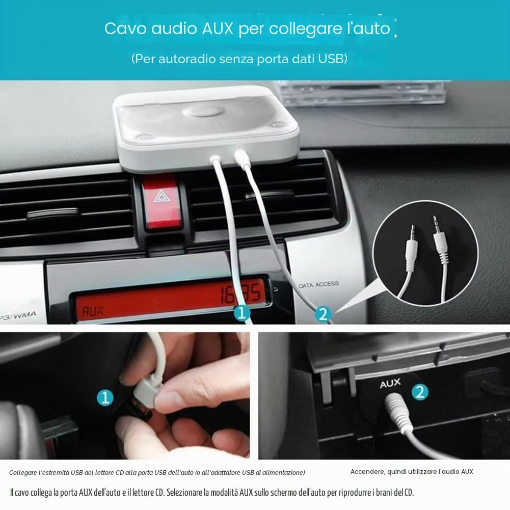 Lettore CD esterno universale per auto, lettore CD portatile con AUX, inserito nella porta USB 'auto, connessione perdita