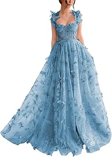 3D Butterfly Prom Dresses Lace Applique Tulle Princess Formal Dress for Women Long Evening Ball Gown with Slit - Buy now