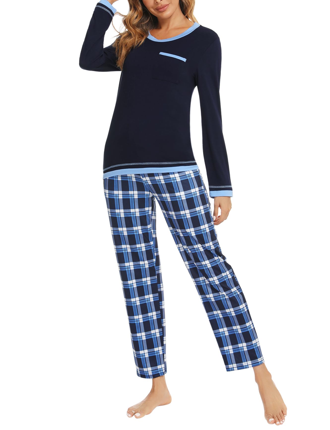 Marvmys Pigiama da Donna in Cotone Manica Lunga Pigiama Due Pezzi Invernale T-Shirt e Pantaloni con Tasche