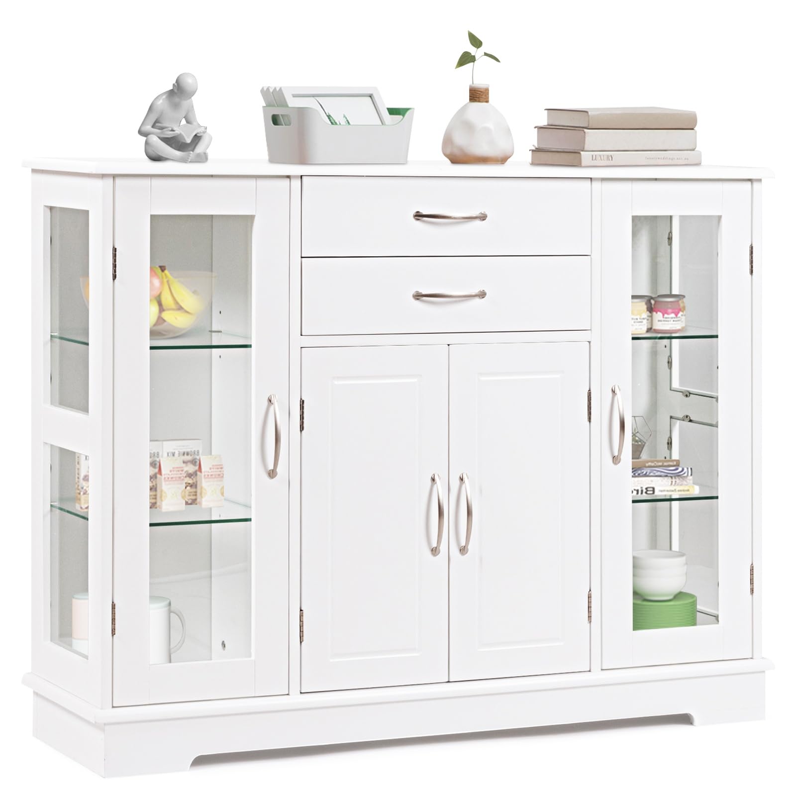 GYMAX Credenza per Cucina, Mobile di Stoccaggio per Cucina con Porte e Ripiani, 2 Vetrine in Vetro per Sala da Pranzo, Corridoio, Ufficio 107 x 30 x 82 cm