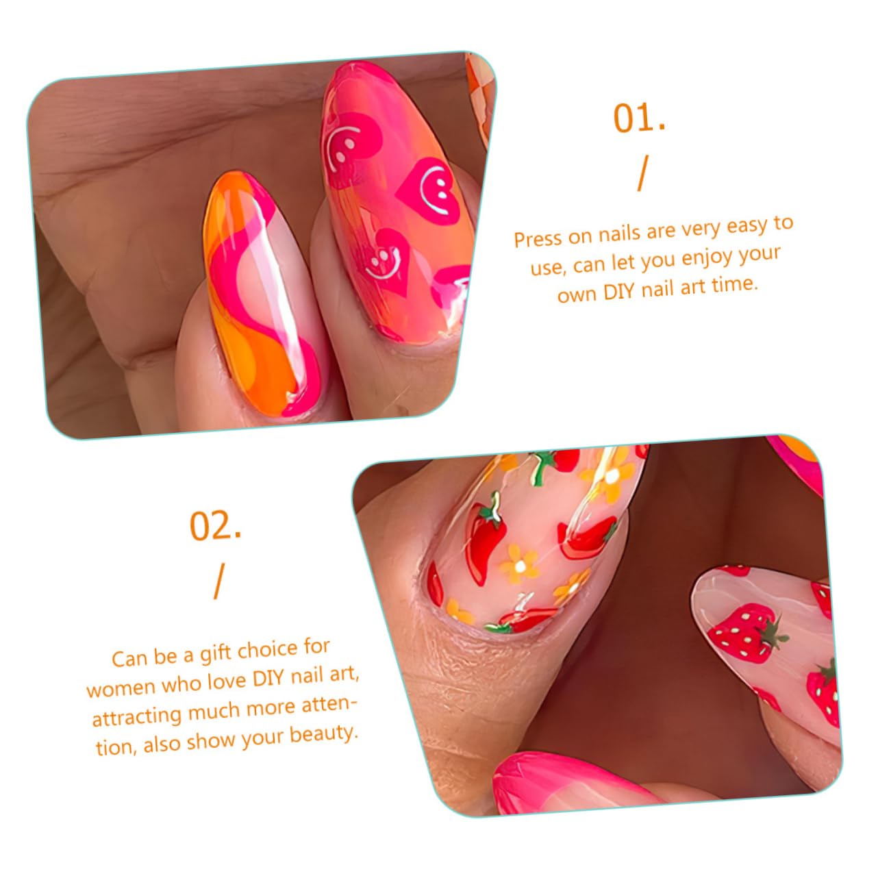 Beaupretty 240 Piezas De Uñas Postizas De Frutas Y Verduras Prensa Mediana En Uñas Pegamento En Uñas Kit De Uñas Desmontables De Manicura DIY Uñas Postizas Uñas Postizas Para Mujeres Uñas