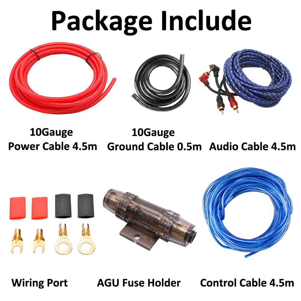 Cuivre Kit de Câblage Amplificateur de Voiture 10 GA Gauge AWG Kit de Installation Amplificateur Subwoofer Audio Cablage RCA Câble d'alimentation AGU Fusible 1500W