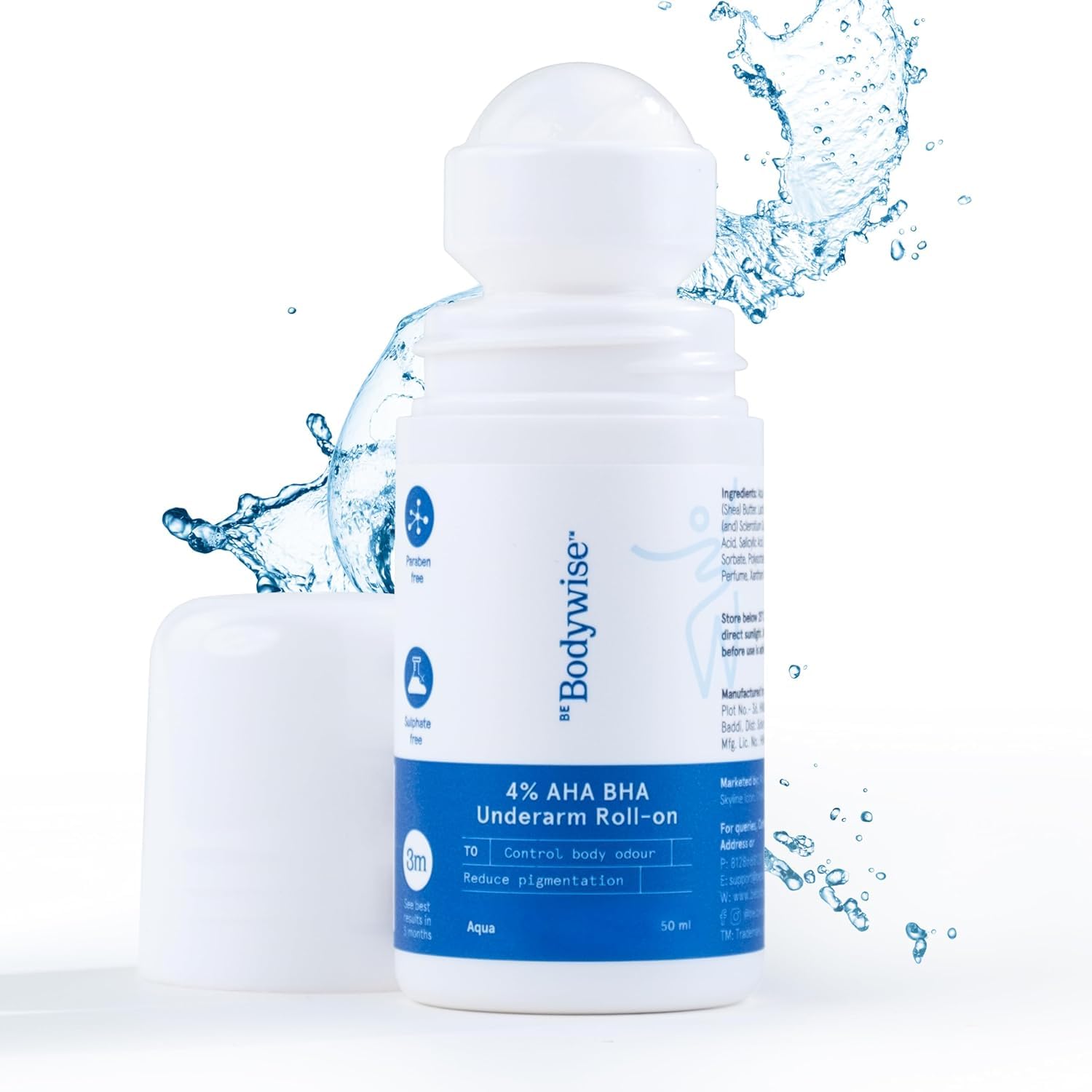 Be Bodywise 4% Aha Bha Underarm Roll On 50ml | 2% Lactic Acid, 1% Mandelic Acid, 1% Salicylic Acid | Controls Odour & Reduces Pigmentation | 0% Alcohol & 0% Aluminium | Aqua Fragrance