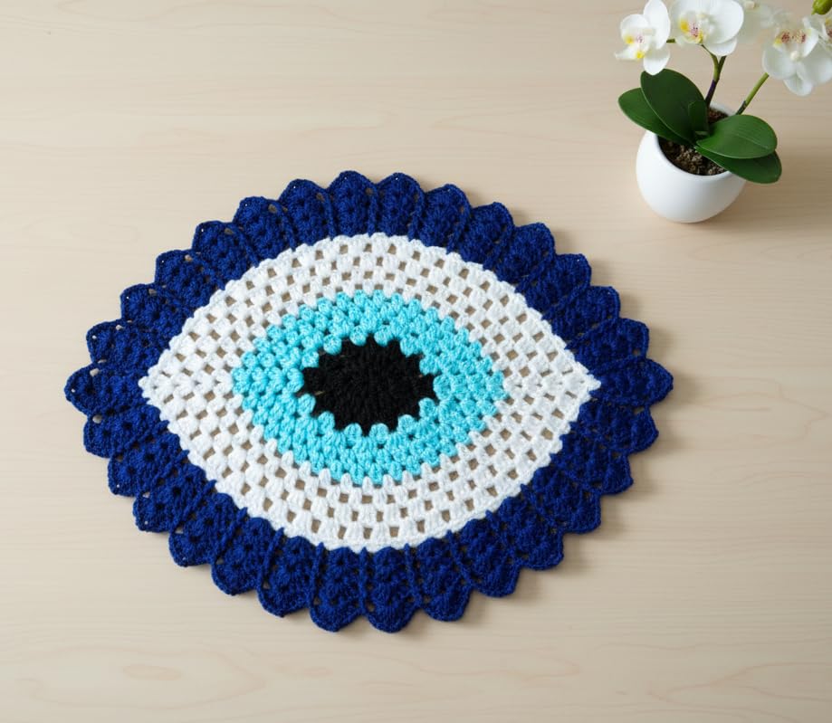 Woolen Crochet Handmade Doily/Table mat Evil Eye Design (17x14 inch) (Oval)