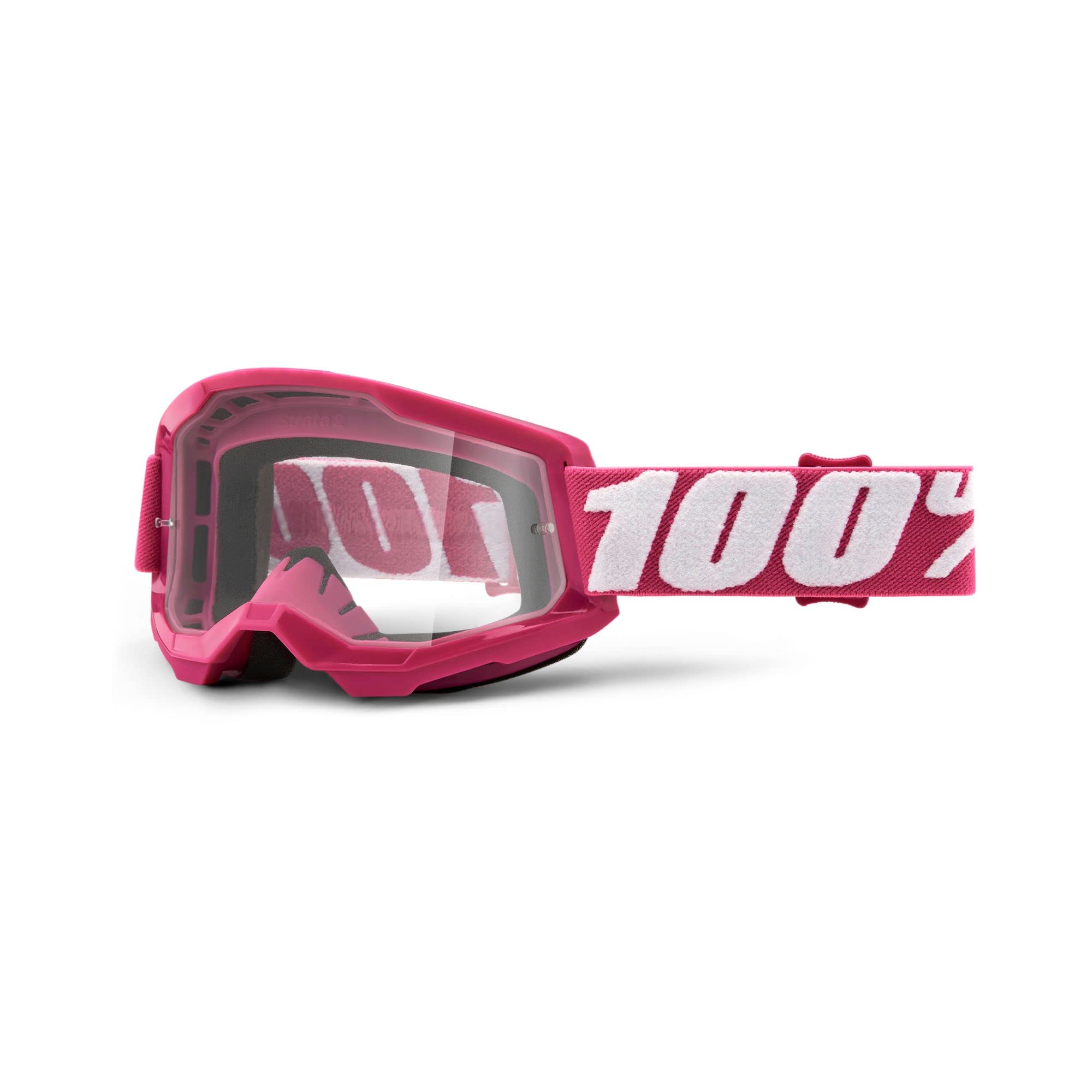 100 Percent Strata II Clear Goggle - Pink/Clear Lens / 100% Eyewear Wear Eye Protection Enduro MTB Mountain Downhill Trail Dirt Jump Cycling Cycle Bike Motocross MX Moto Ski Unisex Adult Sun