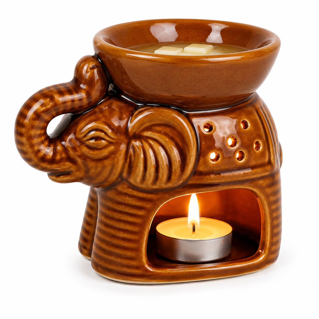 Jrose Collections Brown Ceramic Elephant Oil & Wax Melt Burner | Tealight Holder For Fragrance Oils & Wax Melts | Aromatherapy Burner Home Décor Ornament – 10Cm