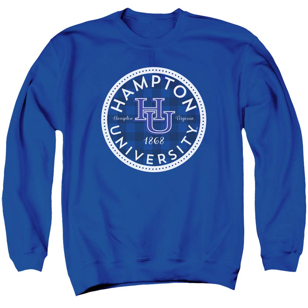 Hampton University Official Plaid Badge Unisex Adult Crewneck Sweatshirt, Royal Blue, X-Large