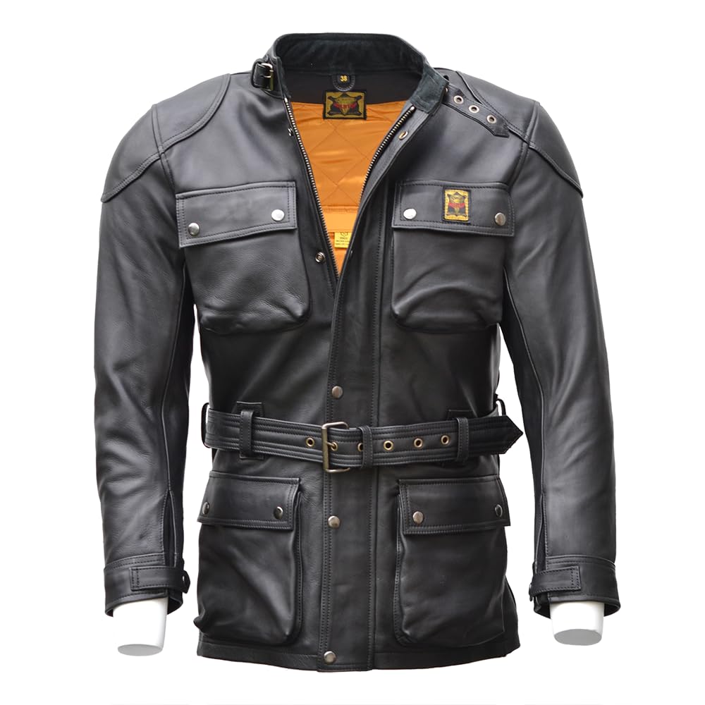 Goldtop Men's Black 4-Pocket Patrol Leather Motorcycle Jacket - | Armoured With Removable Ce Knox Microlock Armour (42")