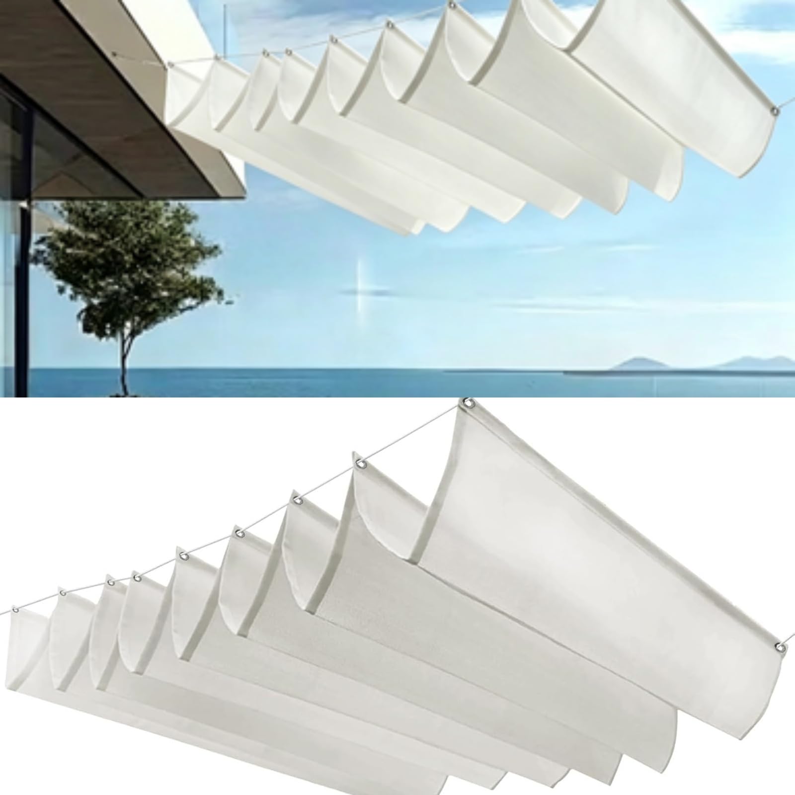 Markiza Przeciwsłoneczna 70 x 420 cm Blokujący 98% UV Wodoodporna Pergola Zewnętrzna Z Oczkami I Sznurkiem, Ochrona Przed Słońcem Do Ogrodu Zewnętrznego, Patio, Trawnika, Biały