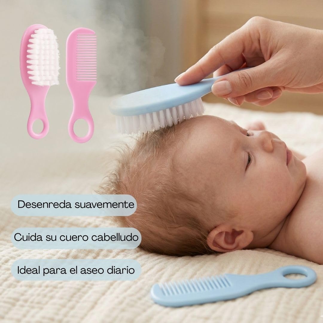 Kit de Cuidado e Higiene para Bebé | Estuche Portátil con Cepillo y Peine, Tijeras, Lima, Cortaúñas, Termómetro Digital, Aspirador Nasal y Protector de Chupete (Rosa)