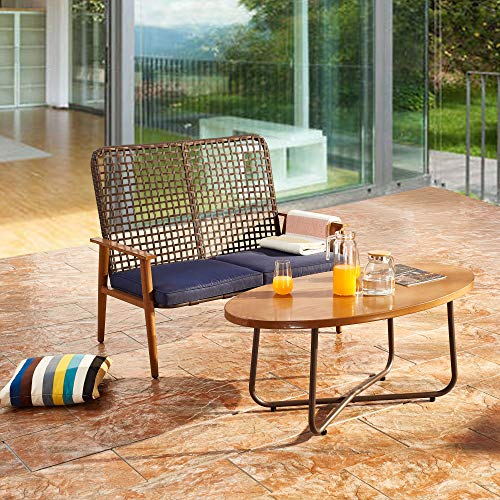 LOKATSE HOME Outdoor 2 Pcs Wood Loveseat Coffee Table Patio Cushioned Bench Balcony