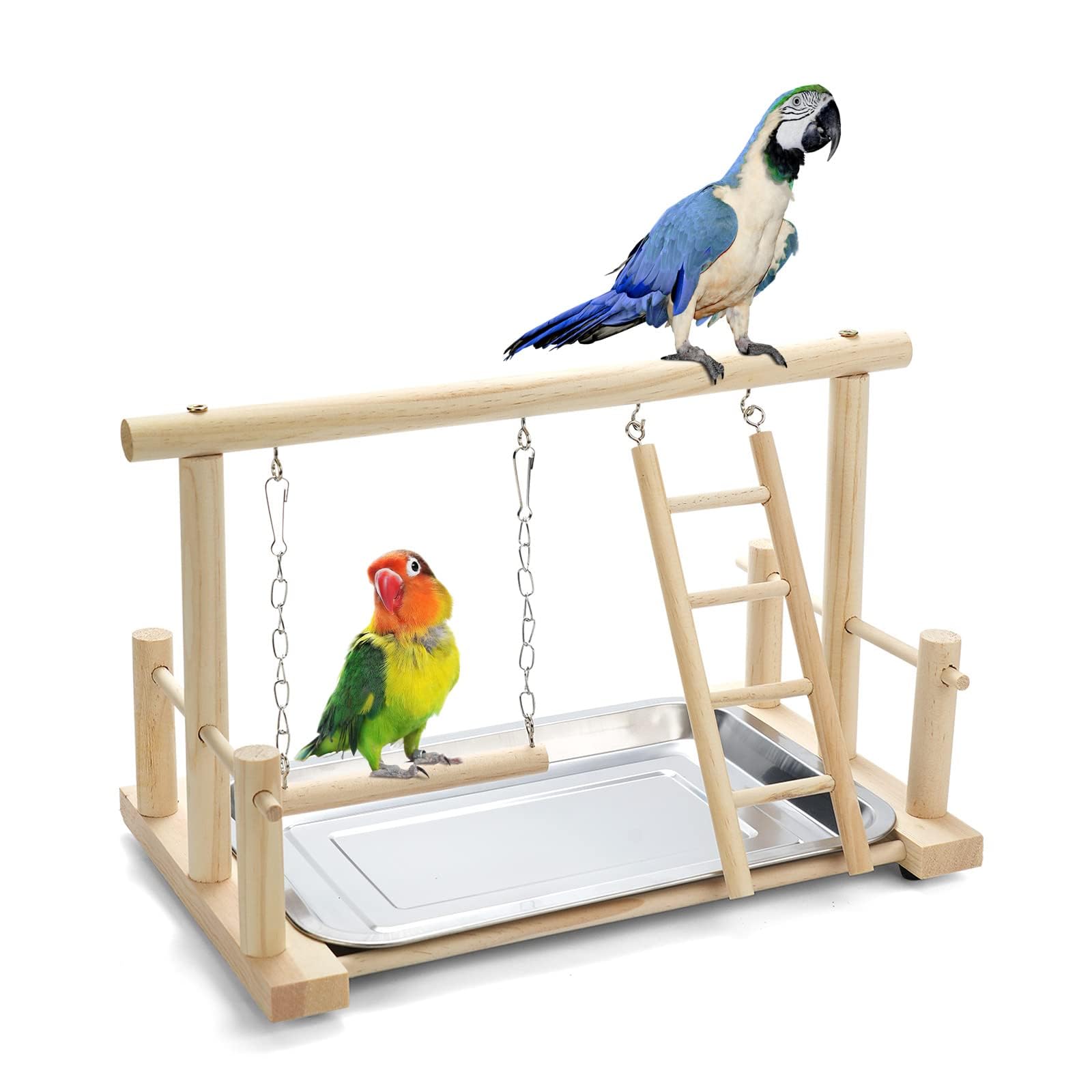 Natural Wood Bird Playground, Parrot Perch Playstand Play Gym Stand, Playpen Perches Ladder Swing Platform with Toys, Exercise Playgym for Luonfels, Budgie, Cockatiels, Conures, Parakeets, Lovebird
