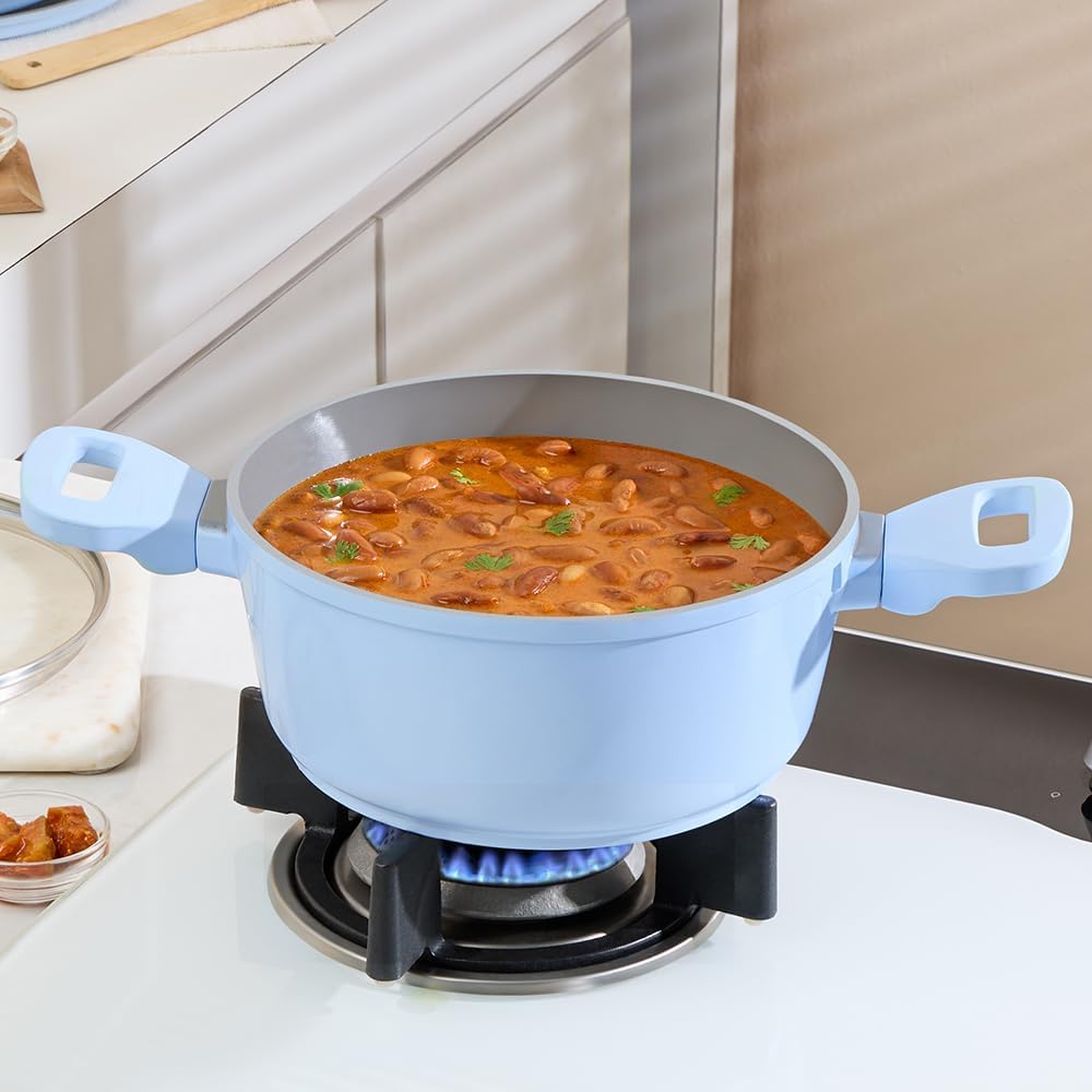 Borosil 2.4 L (20cm) Diecast with Ceramic Coating Casserole with Handle and Lid | PFOA/PFAS Free, Dishwasher Safe | Compatible for Gas & Induction | 1 Years Warranty, Sky Blue