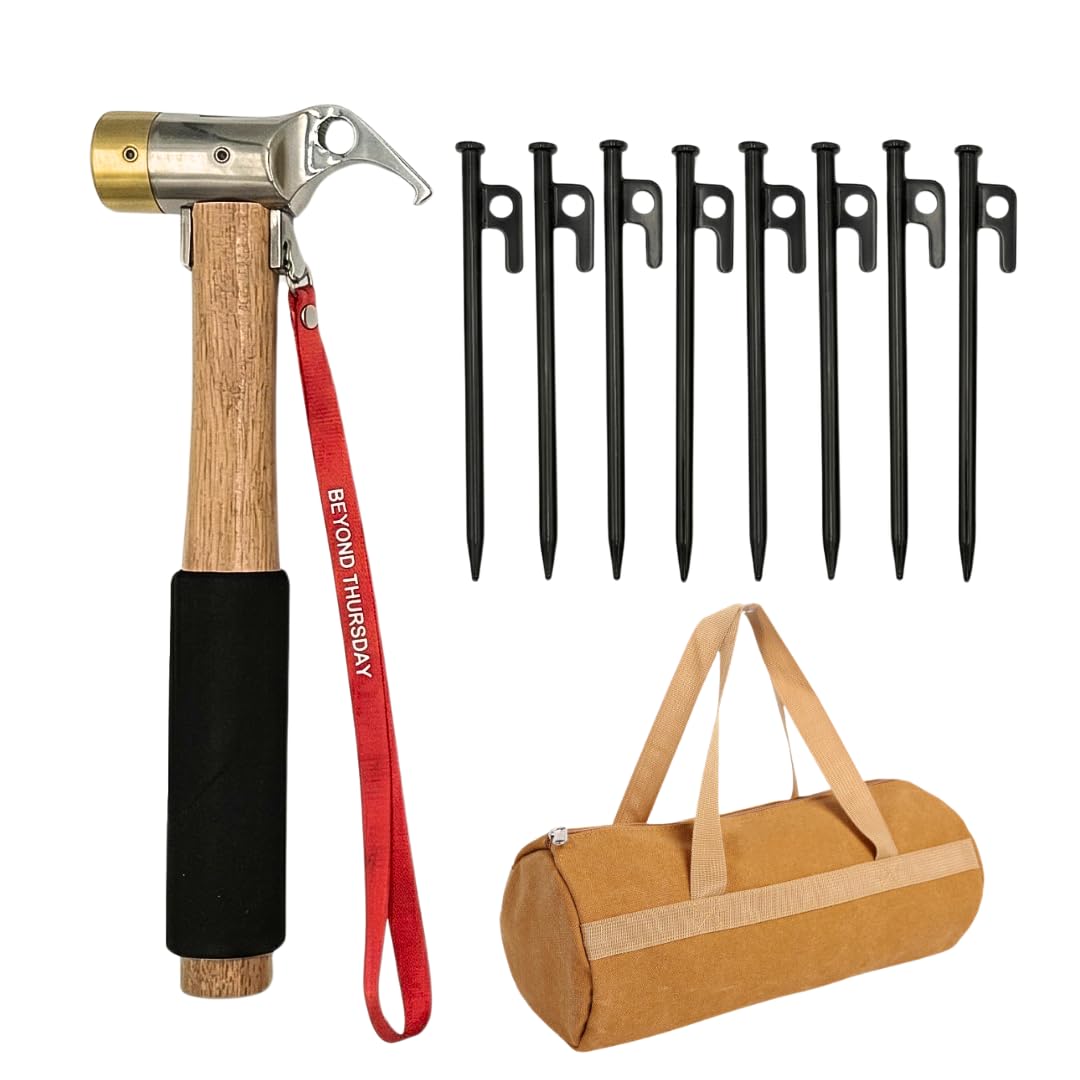 Marteau de camping pour tente de camping, tête en acier de haute qualité et poignée en bois massif avec poignée rembourrée, marteau de tente avec sangle de sécurité, maillet robuste (cuivre + kit de 8