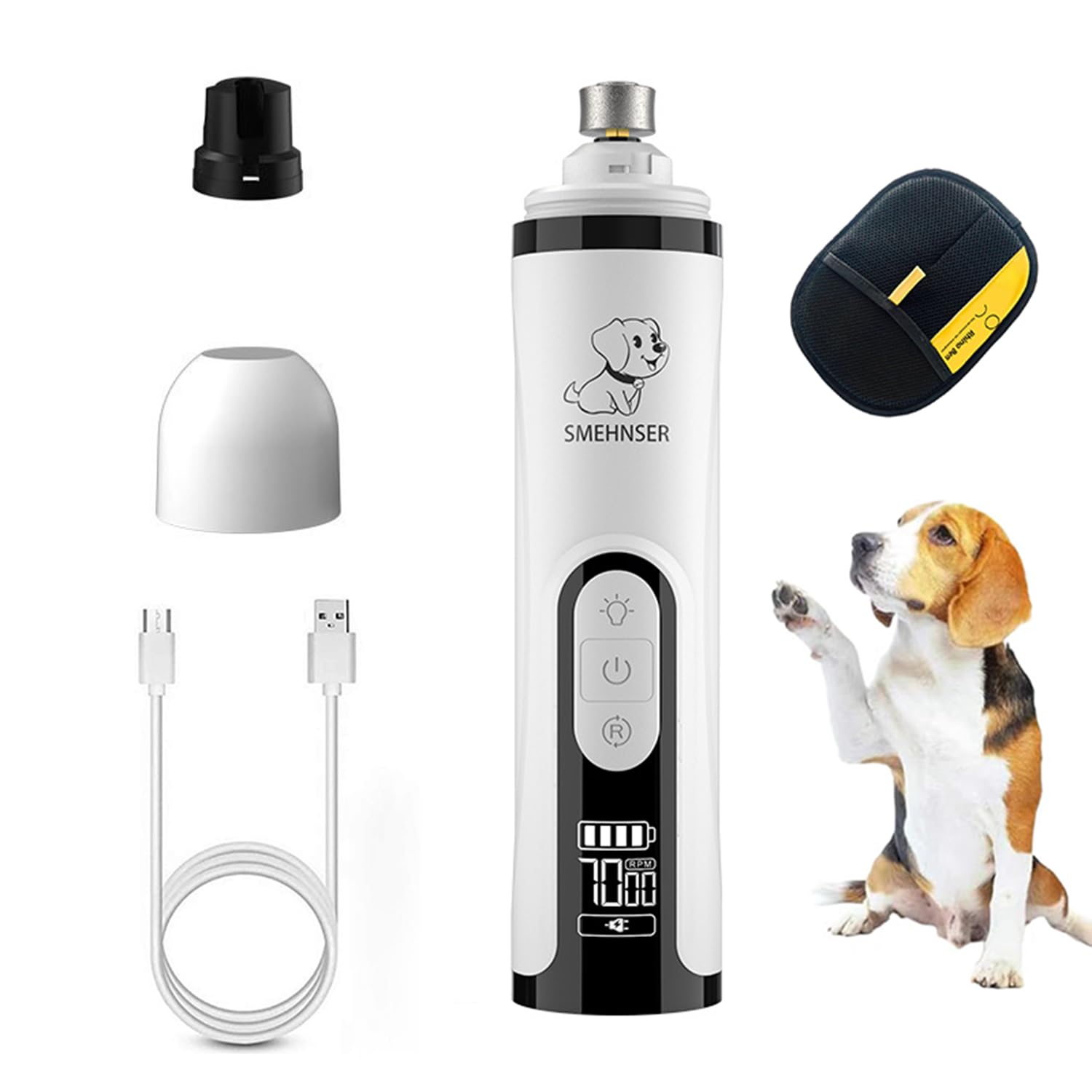 Rubyonly Dog Nail Grinder, Upgraded Ultra-Quiet Electric Pet Nail File with 3 Speeds & LED Light, USB Rechargeable with 2000mAh Battery for Safe Trimming of Small to Large Dogs