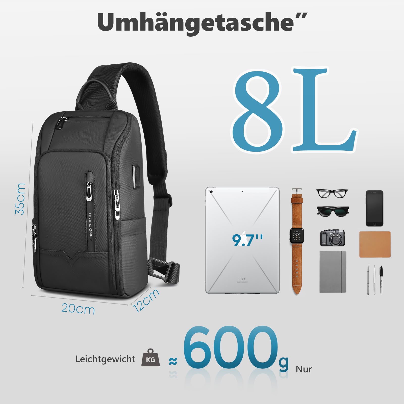 Umhängetasche Herren, Schultertaschen Slingbag mit USB | Wasserabweisende Crossbody-Tasche mit diebstahlsicherem Design, leicht und geräumig für Arbeit, Reisen und Radfahren