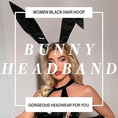 Miniatura 5 de Diadema de cuero negro con orejas de conejo, diademas largas con orejas de conejo, accesorios para el cabello para bailes de máscaras, discotecas,