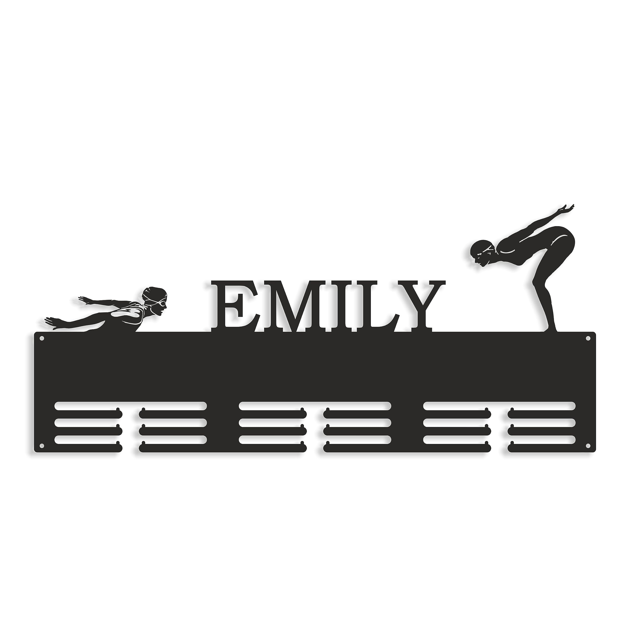 Personalised Medal Holder, Butterfly Style, Swimming Medal Holder, Gift for Swimmer, 2 Female Silhouettes, Custom Name, Sports Metal Medal Hanger, Ribbon Holder, Medal Rack Display Awards (Design 7)