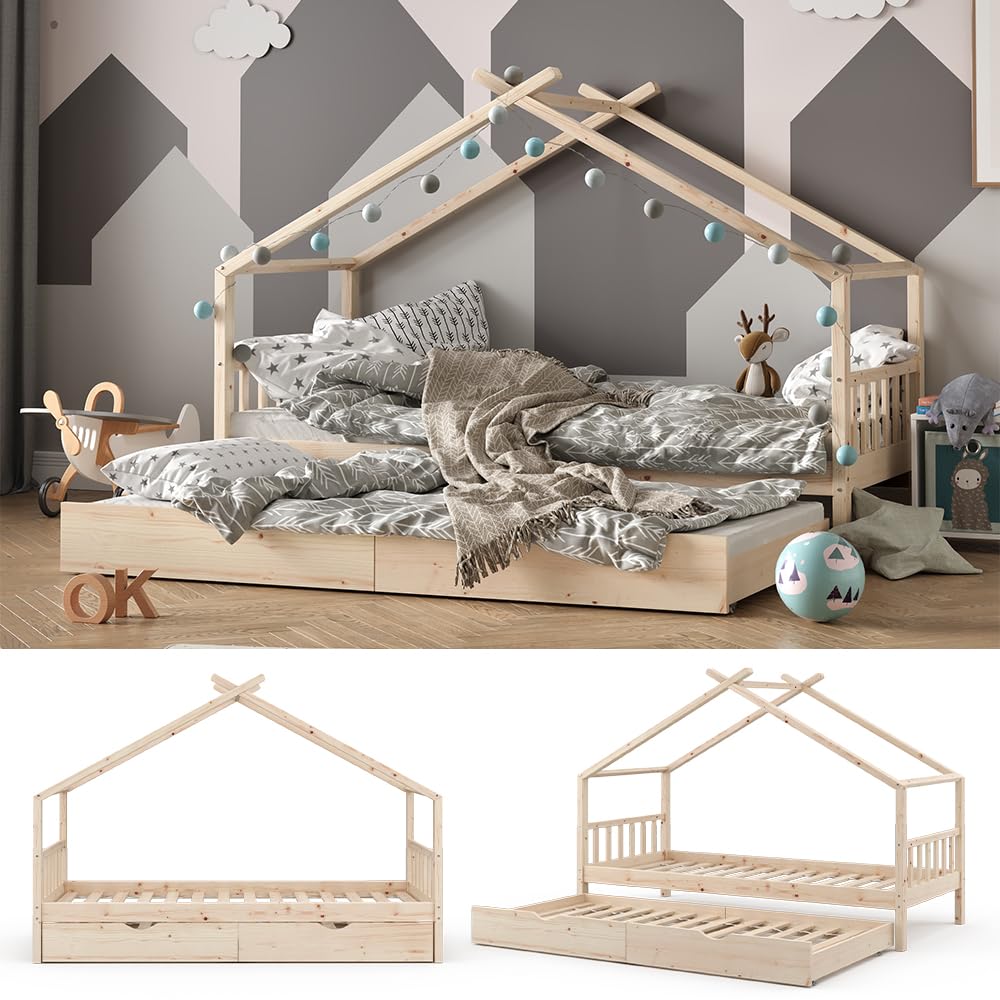 VitaliSpa Cama en Forma de casa Design, Madera Natural, 90x200 cm | con cama de invitados, con barrera de protección anticaídas y somier para un descanso seguro