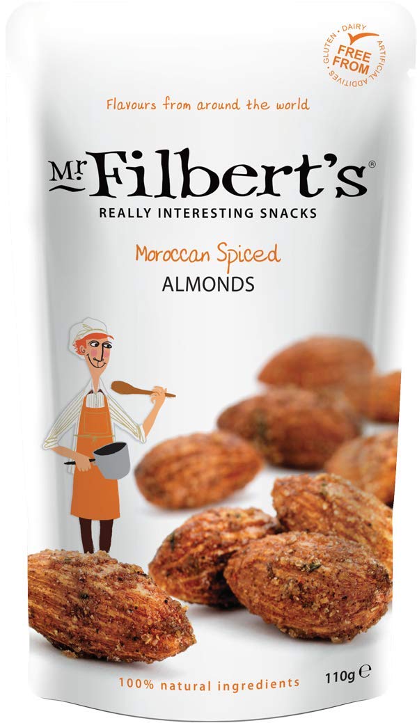 Mr Filbert's Fine Foods Moroccan Spiced Almonds | Vegan, Dairy Free & Gluten Free | 100% Natural Ingredients | Roasted Almonds with Chilli, Mint & Garlic - 110g