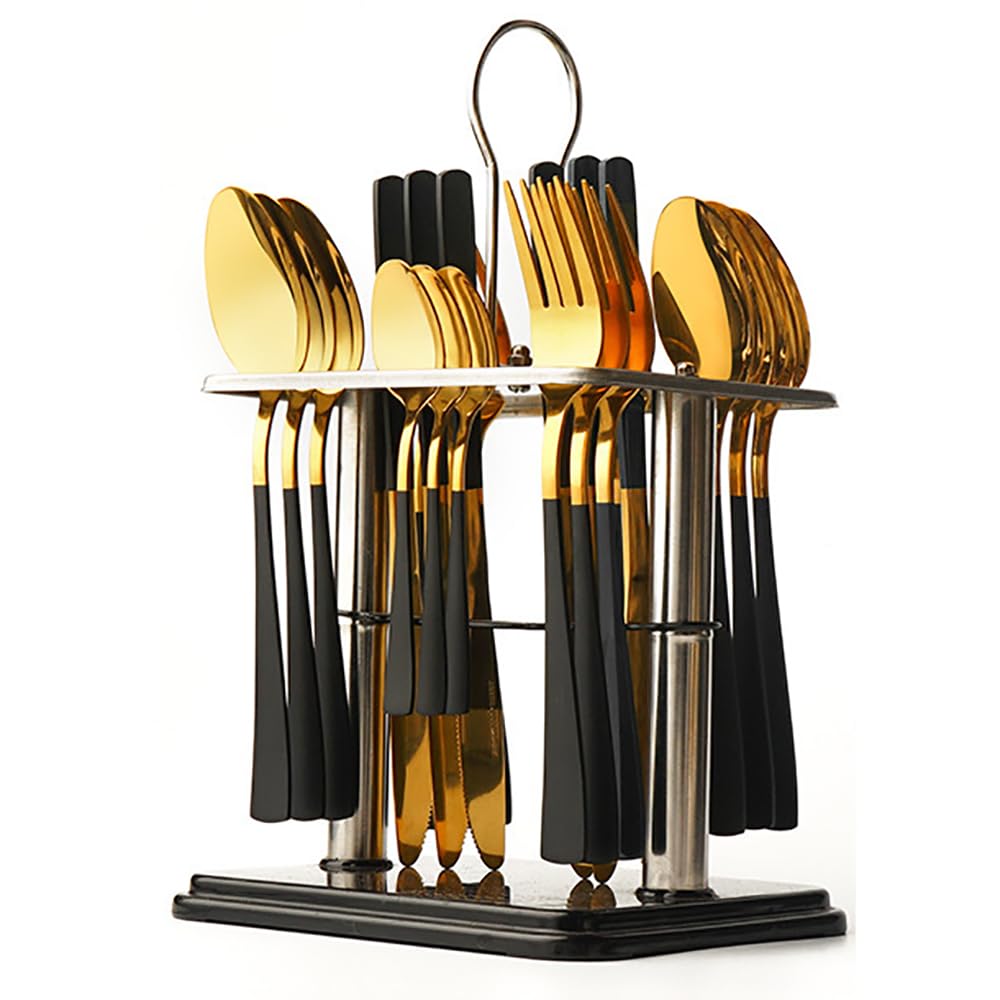 Silverware Set with Organizer Storage Rack Gold Black Flatware 24-Piece Stainless Steel Cutlery Set for 6, Mirror Polished Kitchen Utensils Tableware Service with Steak Knives Dinner Fork Knife Spoon