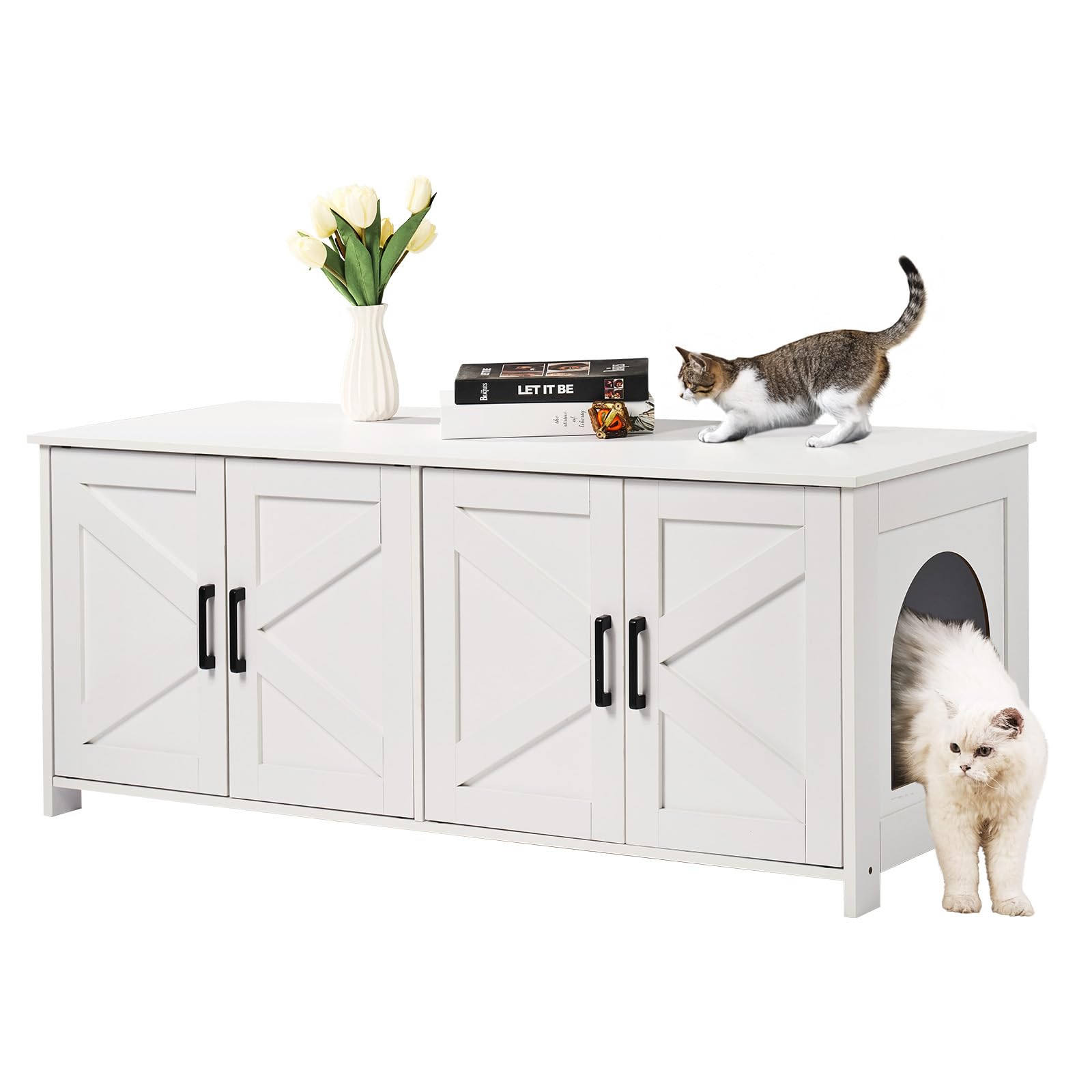 VEVOR Cat Litter Box Enclosure for Multi Cats, 47.2 in Hidden Litter Box Cabinet with 4 Doors & 2 Entries, Indoor Cat Washroom, Wooden Kitty House Furniture, Fit Most Litterboxes, Brown & White