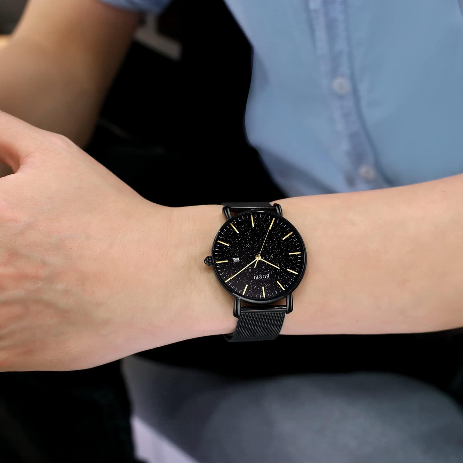 BUREI Men's Watches, Classic Analogue Dial with Date Japanese Quartz and Ultra-Thin Stainless Steel Mesh Band