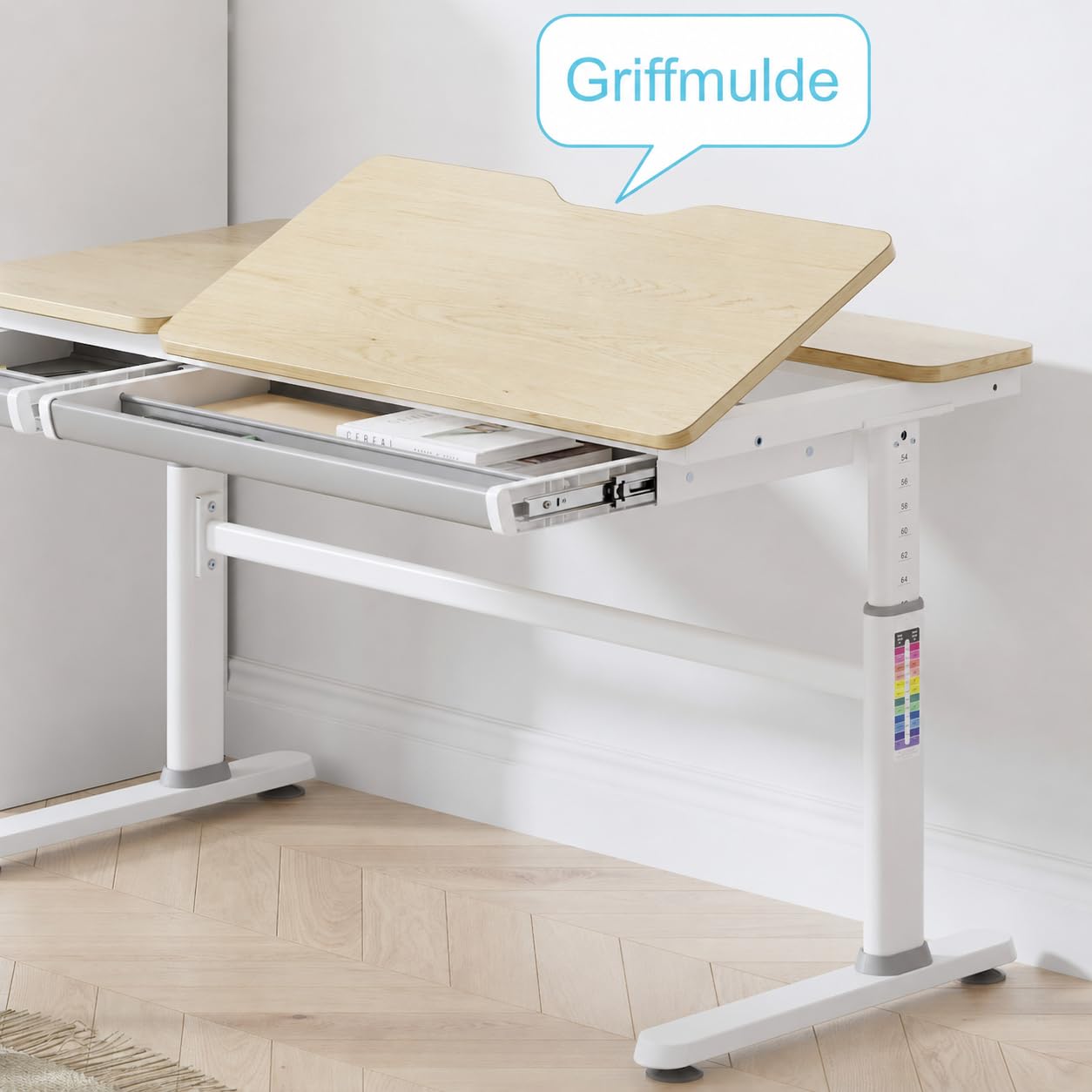 HOKO Kinderschreibtisch, Höhenverstellbar Kinderschreibtische 120x60 cm, Schreibtisch Kinder ab 6 Jahren, neigbare Tischplatte mit Schubladen, 100kg Belastbarkeit, Verstellbar von 54-76cm (Holz,CELIN)