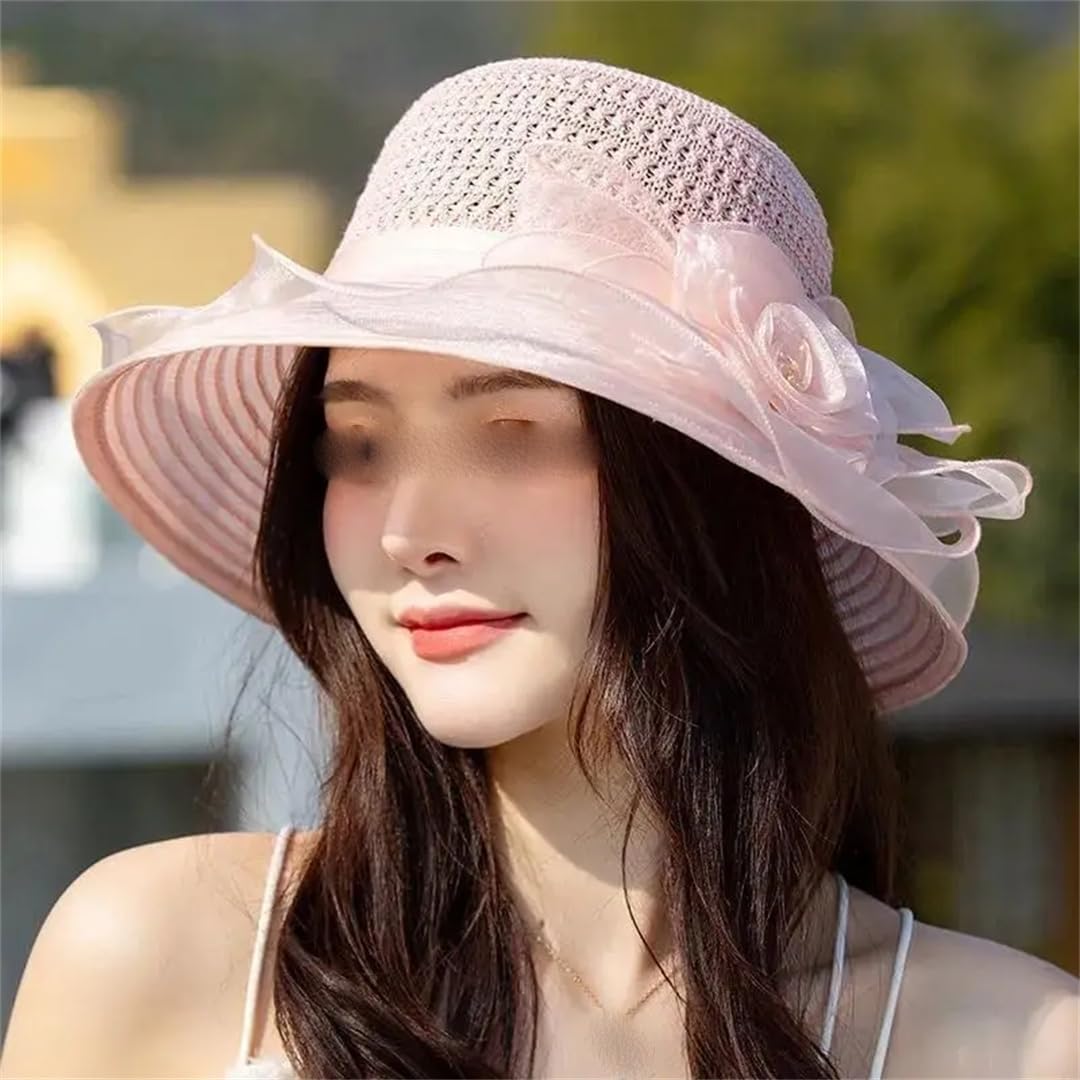 Yeuyyben Elegante cappello da chiesa da donna con fiore estivo a tesa larga cappello Fedora per le donne cappello in organza cappello da spiaggia cappello da sole