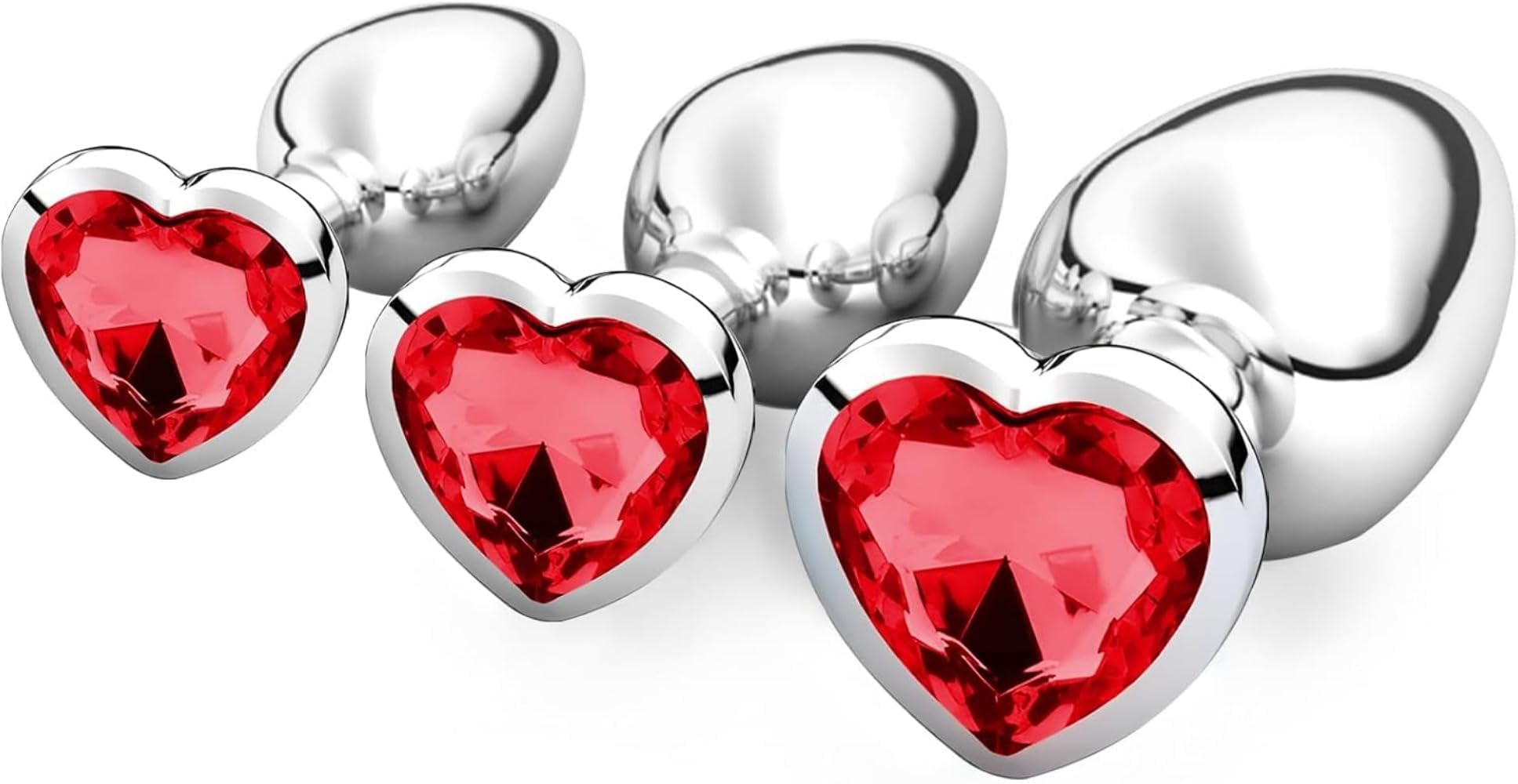 Lot de 3 bouchons anaux en métal (tailles S, M et L), avec des ornements luxueux en forme de cœur et des styles en cristal (rouge), des jouets érotiques