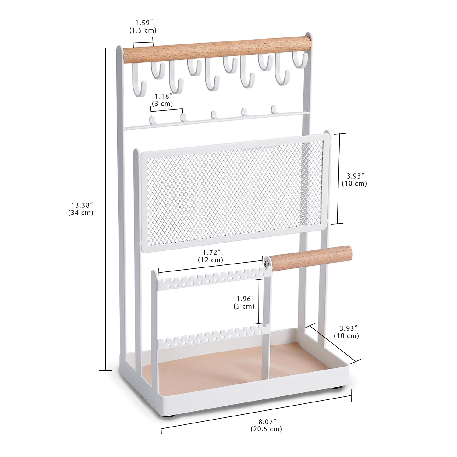 Cut-Nic 5-Tier Jewelry Stand With Ring Tray - White Metal Organizer With Hooks For Necklaces, Bracelets, Earrings