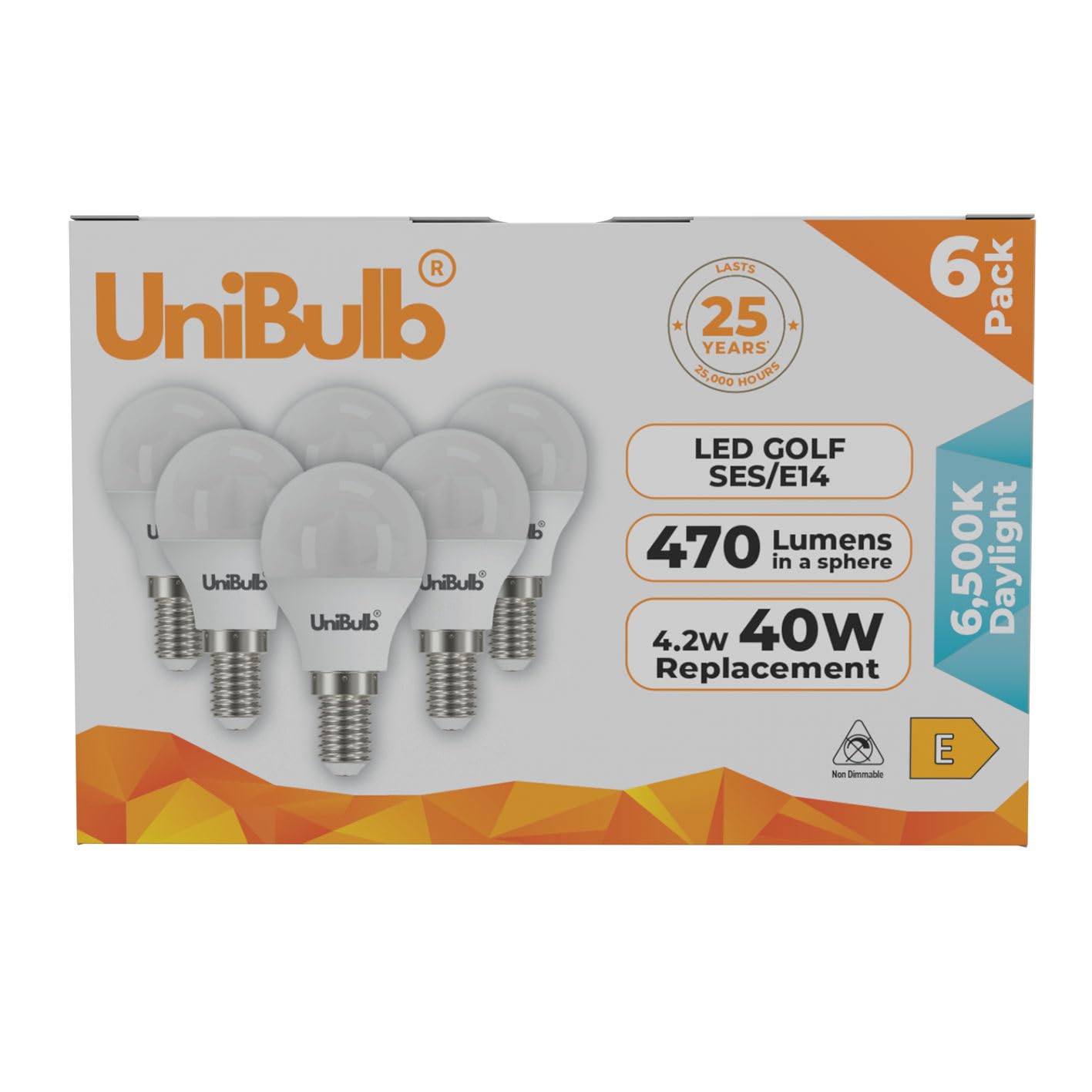 Unibulb E14 Energy Saving LED Light Bulb, Small Edison Screw (SES), 4.2W, 470lm, 40W Equivalent, Daylight 6500K, Golf Ball Bulb, P45, 220-240V, Non-Dimmable, 25,000hr lifespan, Pack of 6 — image 1