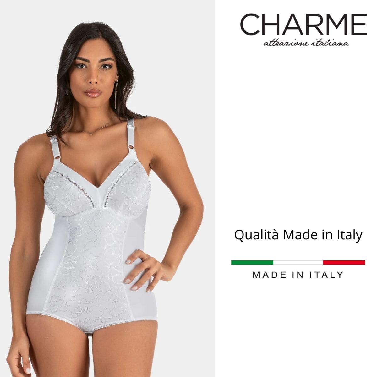 CHARME - Body Modellante Donna Senza Ferretto, Intimo Contenitivo in Tessuto Jacquard, Coppe Sfoderate e Spalline Larghe - Art. 1811 - Panna 5D