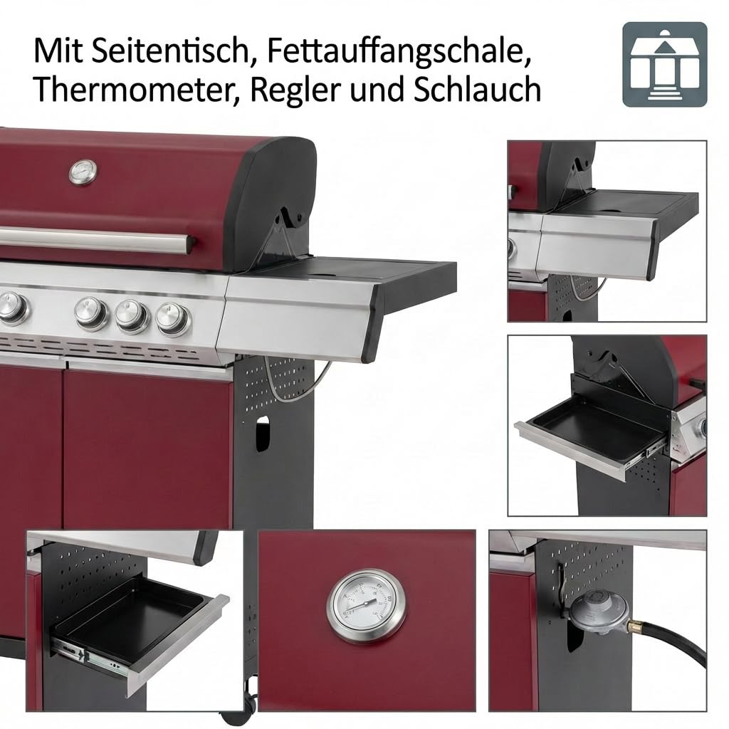 Tarrington House Gasgrill 4-Hauptbrenner und Seitenbrenner Gasgrill Paxton, Grillfläche 41 x 71 cm, Ablagetisch, fahrbar, Stahl, rot