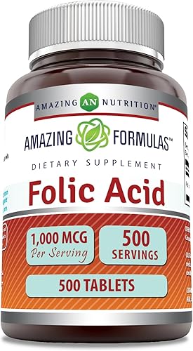 Amazing Formulas Suplemento de ácido fólico de 1000 mcg (1 mg) en tabletas, vitamina B9, sin OMG, sin gluten, fabricado en Estados Unidos (500