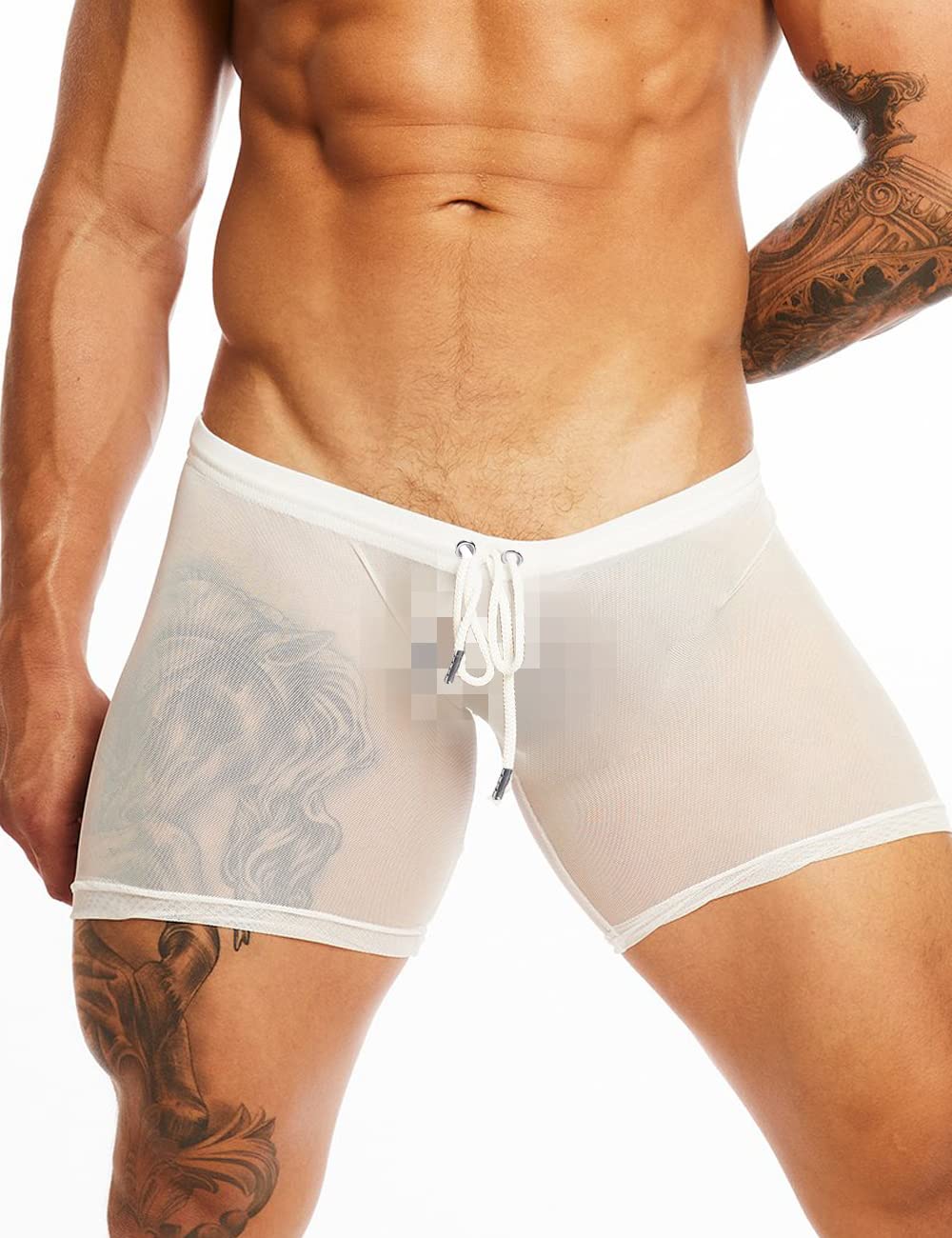 Men's Mesh See Through Shorts Breathable Sheer Lounge Underwear Compression Short Tights with Drawstring