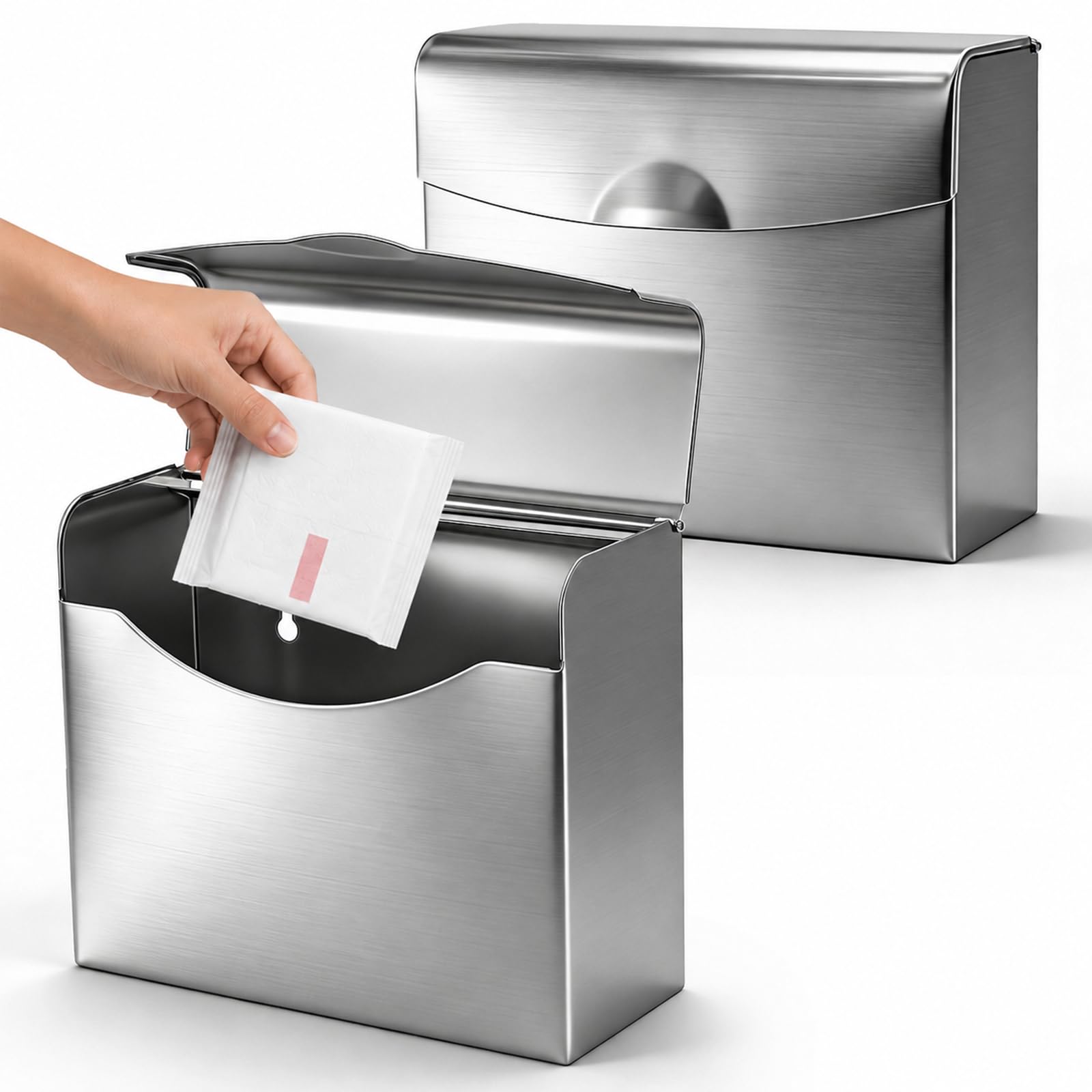 Suwimut 2 Pack Sanitary Napkin Disposal Receptacle, Wall Mounted Tampon Holder, Stainless Steel Flip Top Receptacle Bin Waste Trash Can for Public Restroom, Provides Clean & Odor-Free