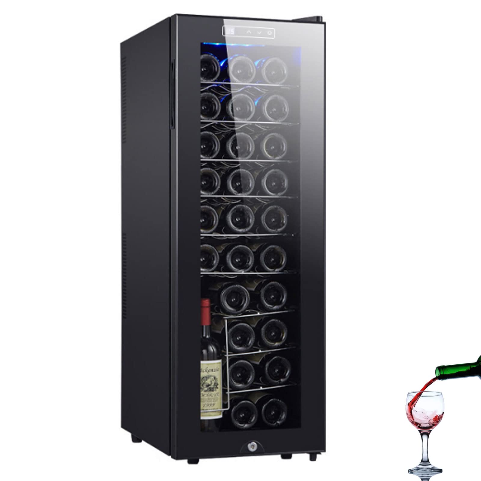 Refrigerador de vino con control táctil, capacidad de 90 litros, zonas de temperatura duales de 11-18 °C, puerta de vidrio, capacidad para 18-30 botellas