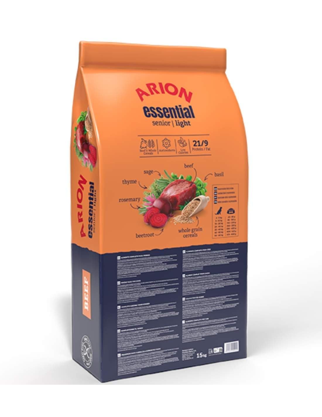 Arion Essential Senior Light Alimento para Perros Mayores y Esterilizados, Carne de Vaca, 21% Proteína, 9% Grasa, 15 kg